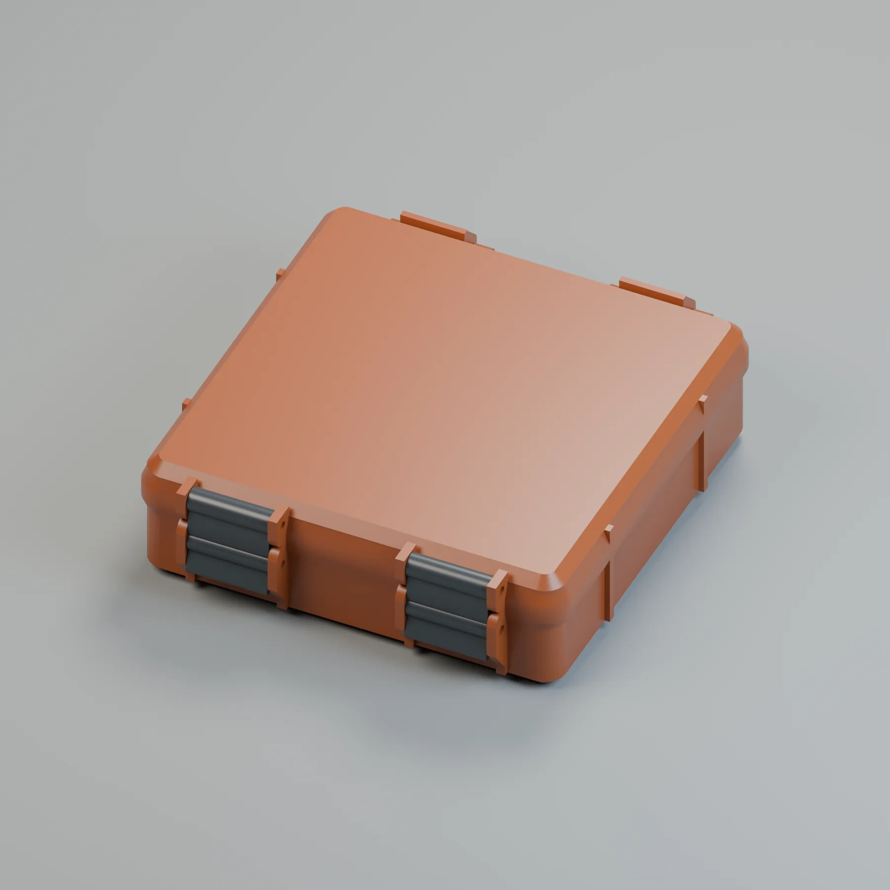 Closed terracotta rugged box with ribbed walls and two dark clips.