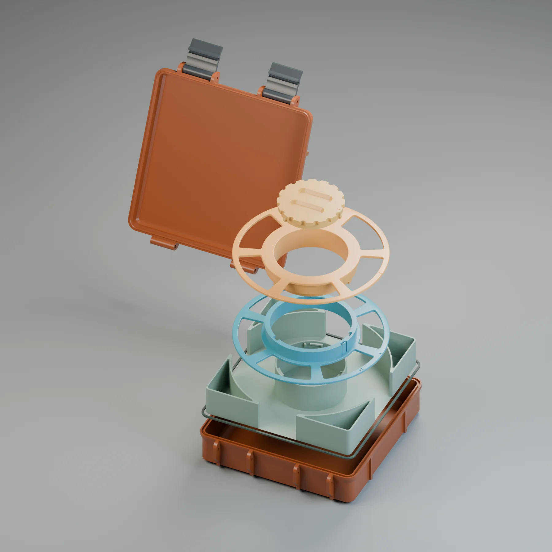 Exploded assembly with cap, two reel halves, storage insert, gasket, box and lid separated vertically.