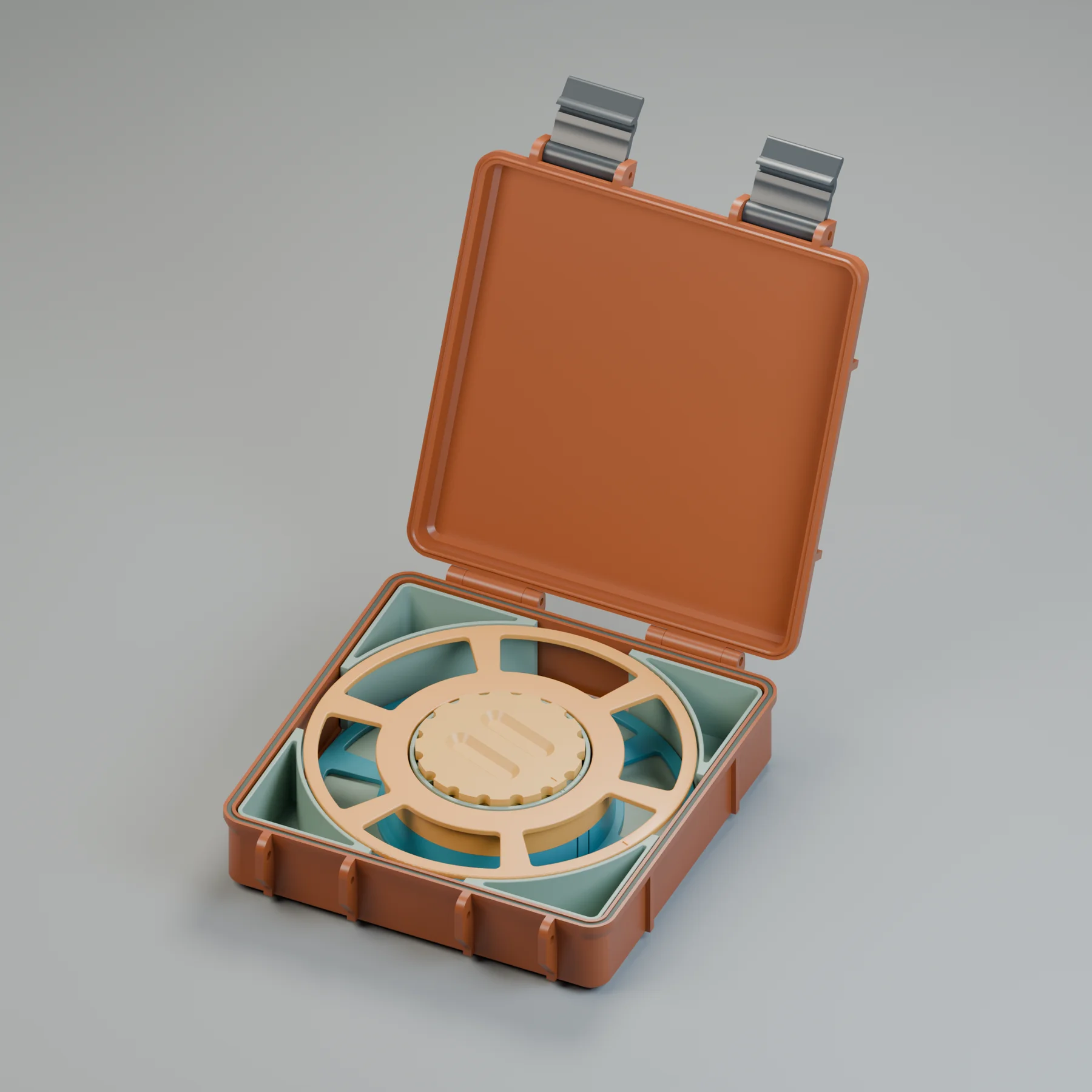 Rendered open terracotta endoscope box with a two-piece reel, a capped central storage compartment and pale-green corner pockets.