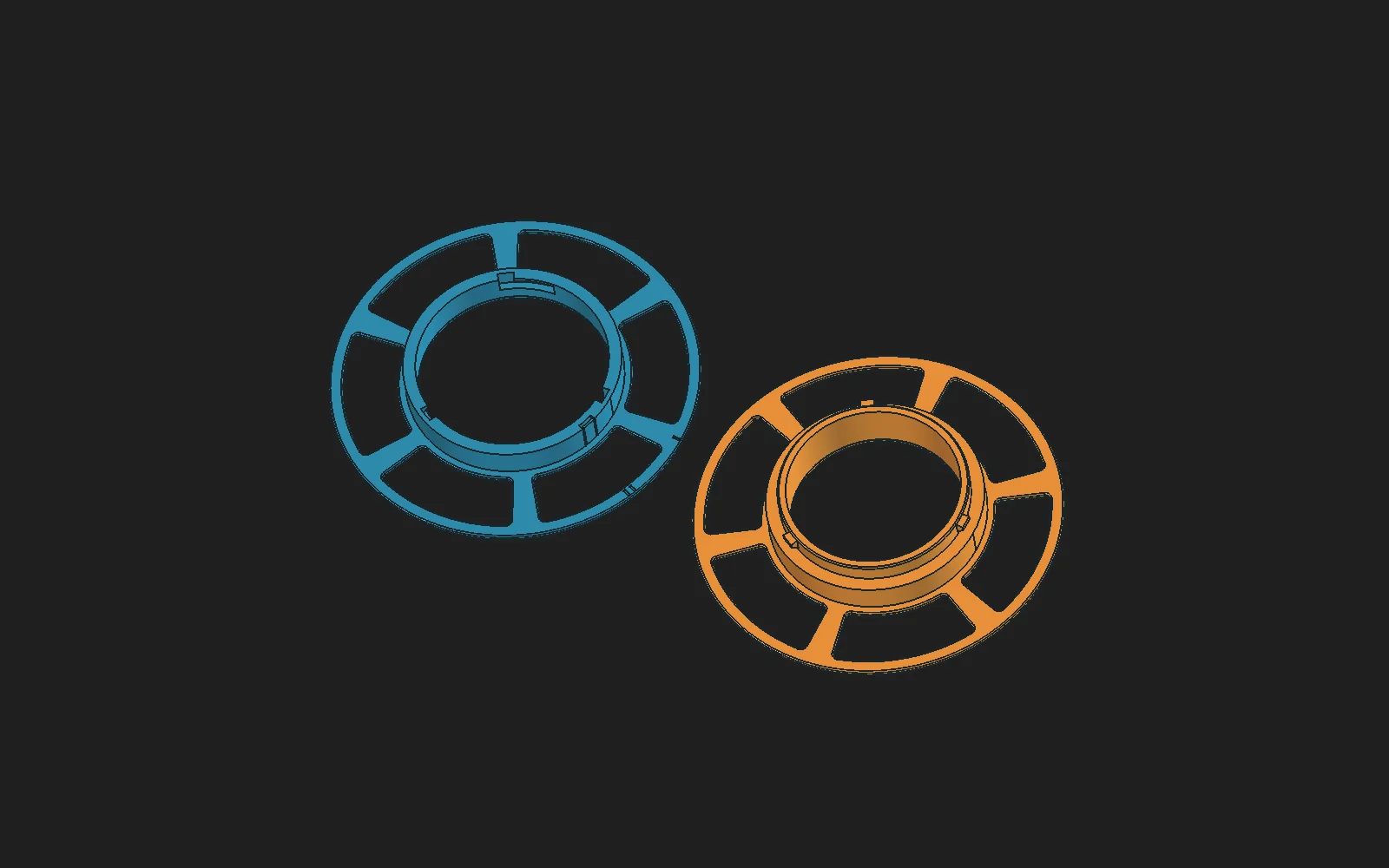 FreeCAD print-layout preview of the two separate spoked reel halves.