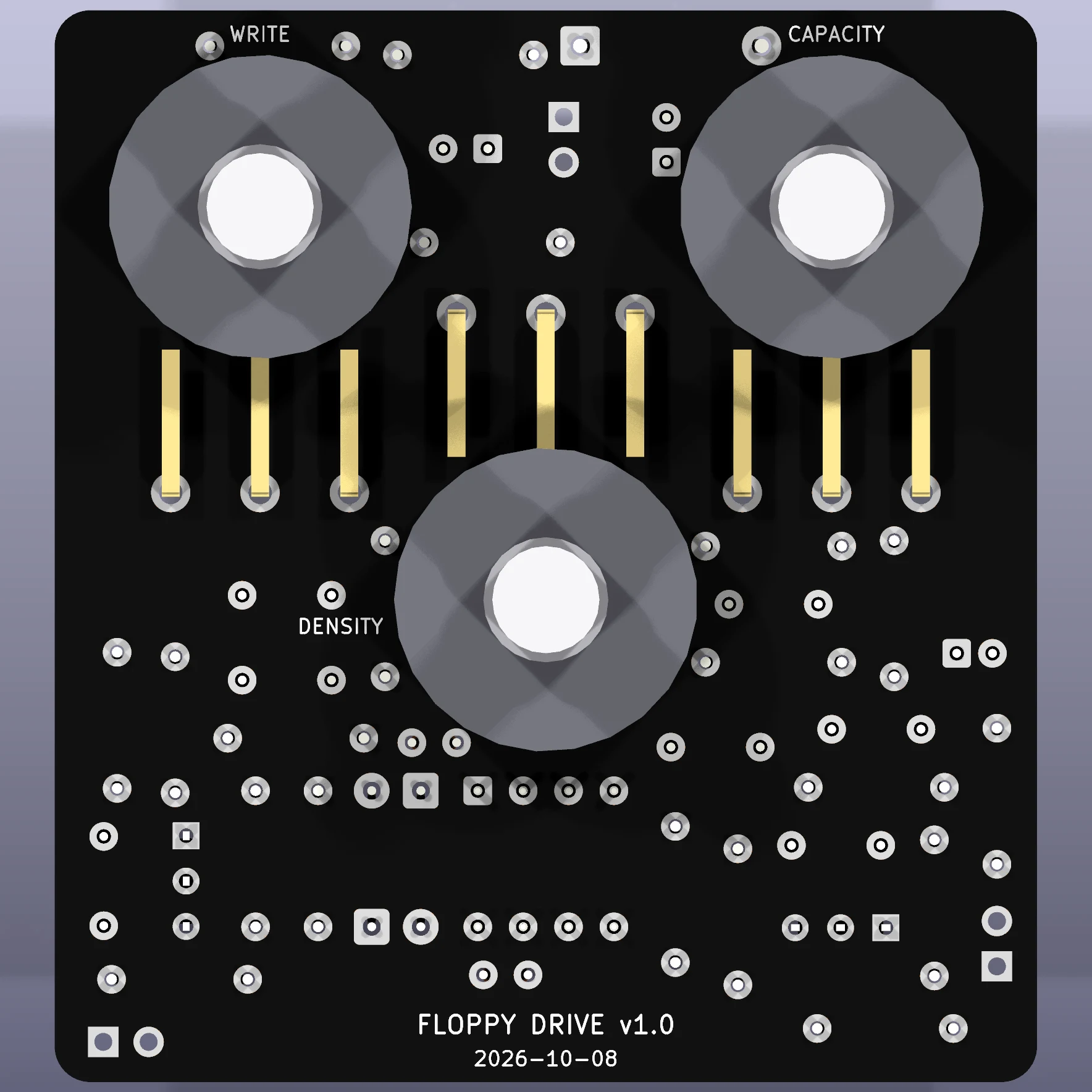 KiCad 3D preview of the back of the board with the three potentiometer models.