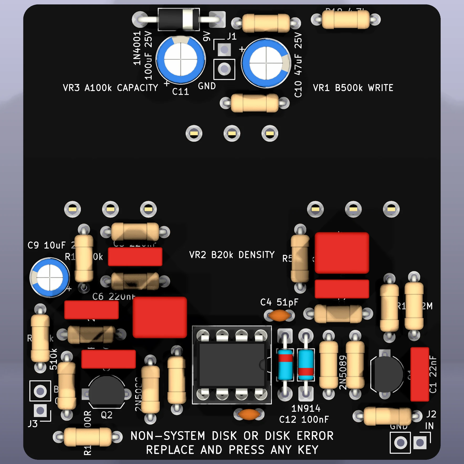 KiCad 3D preview of the front of the black FLOPPY DRIVE PCB, populated with through-hole components.