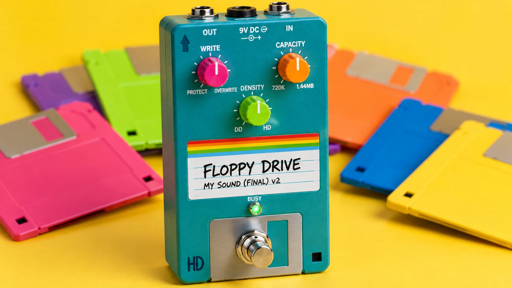 FLOPPY DRIVE concept: opaque matte-teal overdrive pedal with pink, orange and lime knobs, a rainbow disk label and metal shutter detail, surrounded by floppy disks on yellow.