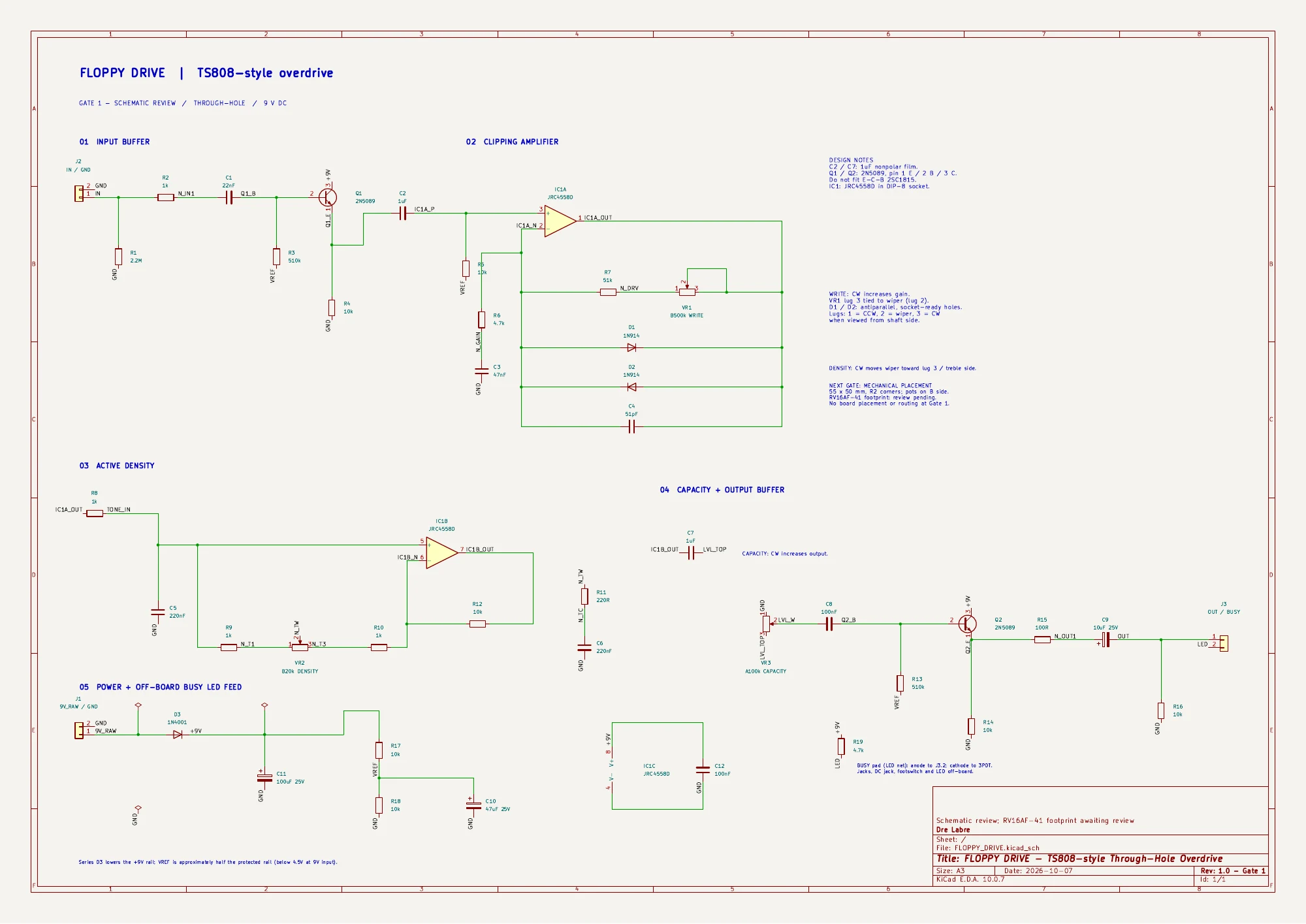 Approved Gate 1 FLOPPY DRIVE circuit schematic, showing the overdrive circuit, control wiring and power section.