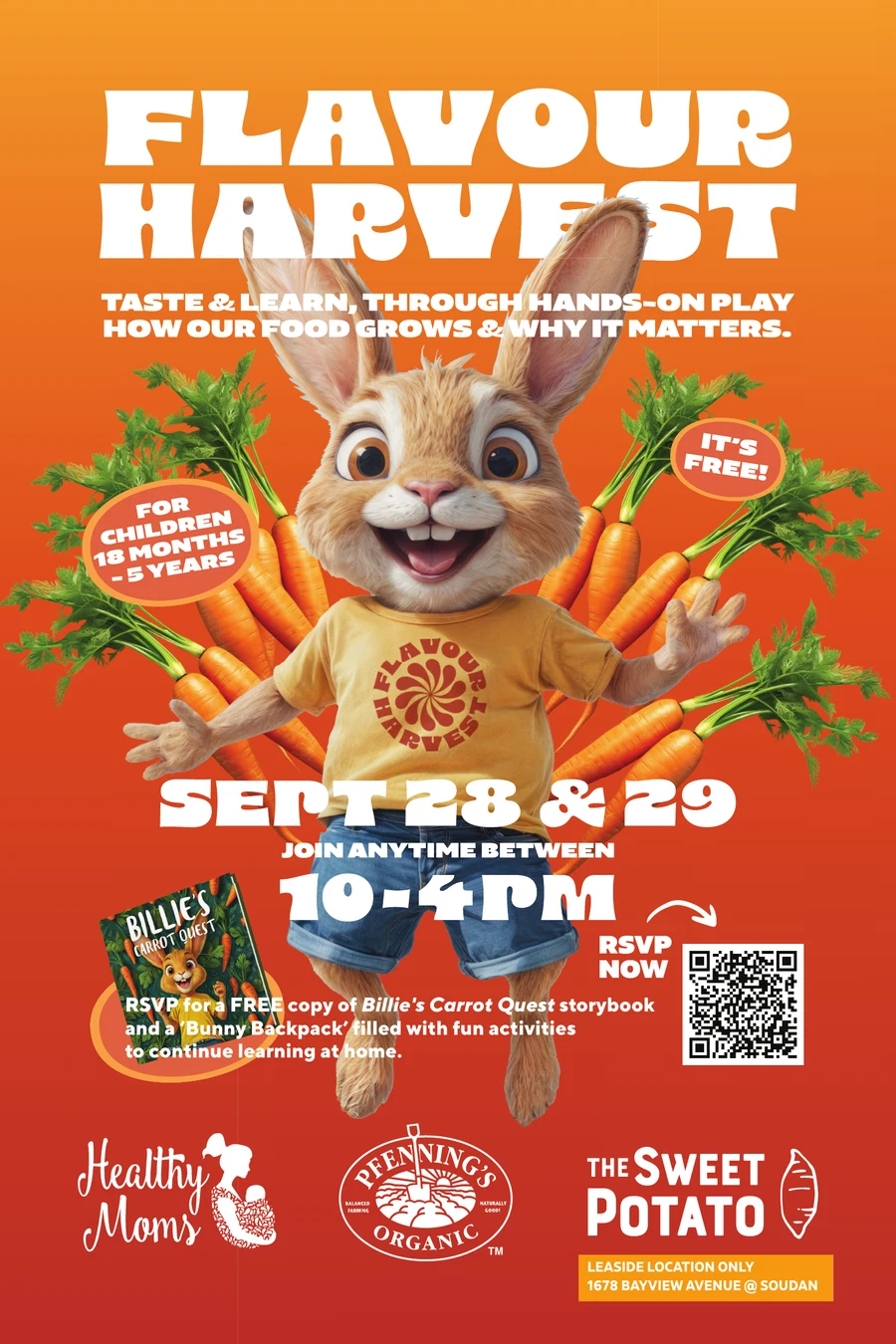 Orange and red Flavour Harvest poster with Billie in front of a burst of carrots. It invites families to taste, play and learn on September 28 and 29, with a free storybook and Bunny Backpack.