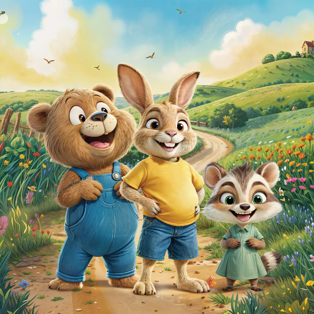 Bailey the bear in blue overalls, Billie the bunny in a yellow T-shirt, and Babs the badger in a green dress, together on a flower-lined country path.
