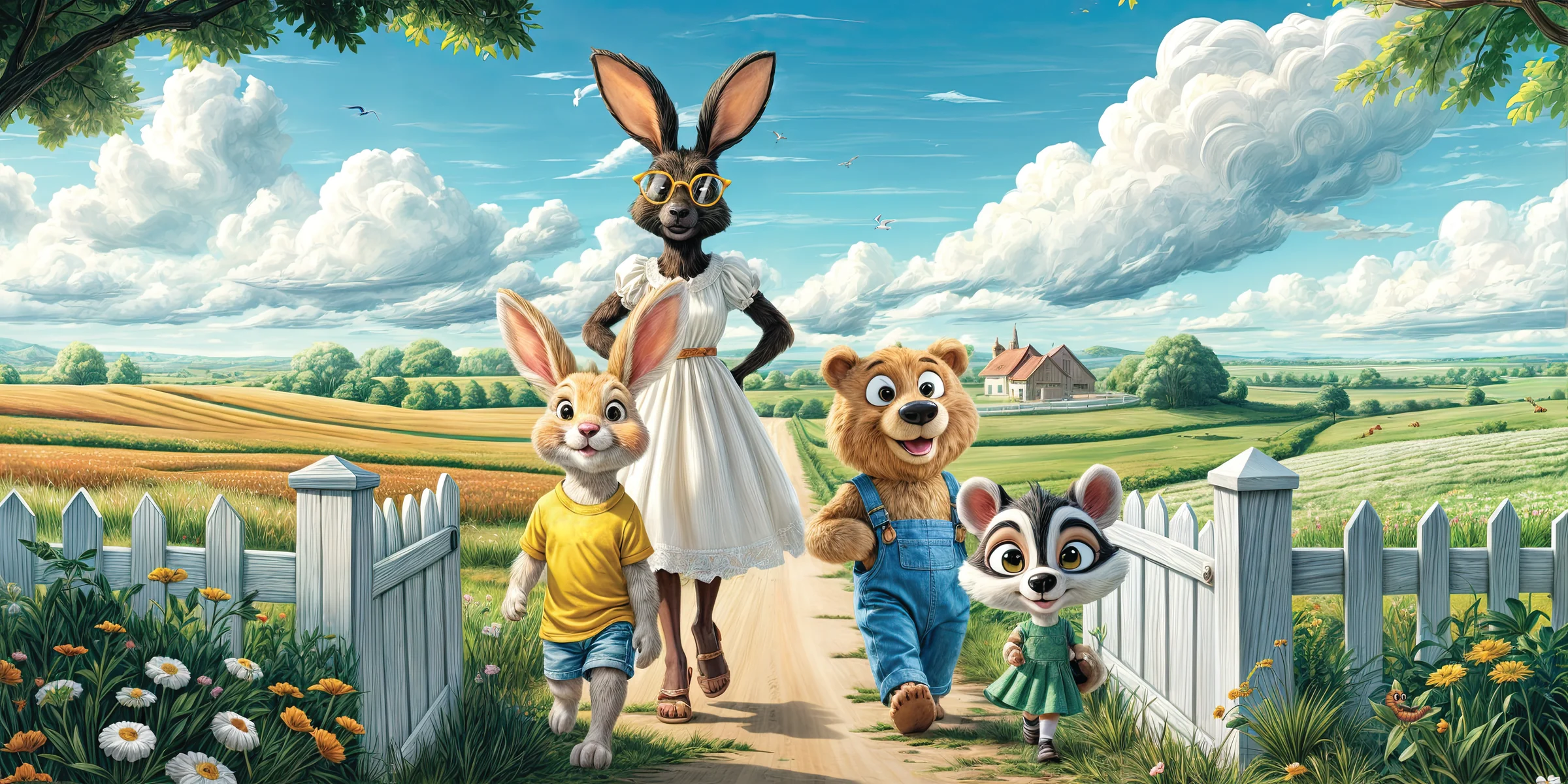Billie the bunny, Teacher Bobbie, Bailey the bear and Babs the badger set off through the countryside, between white picket fences and fields of flowers.