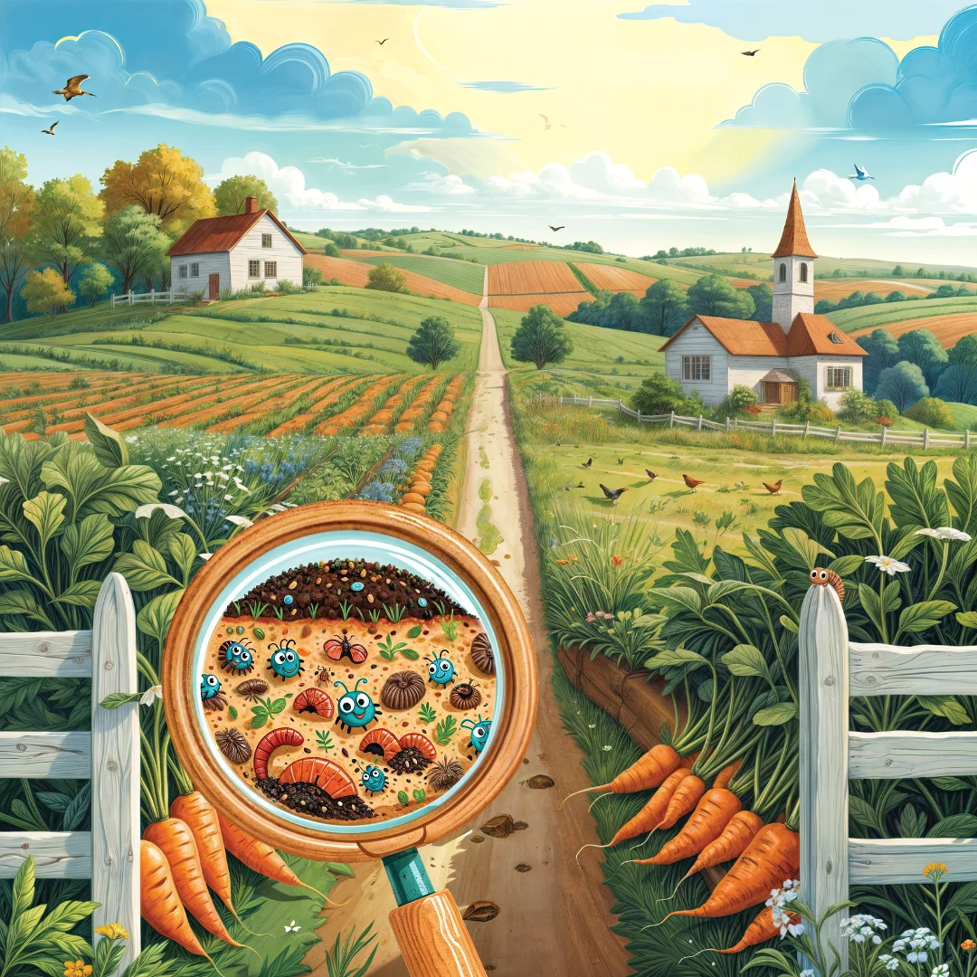 A magnifying glass reveals tiny organisms in the soil, beneath a sunny farm filled with carrot rows, birds and butterflies.