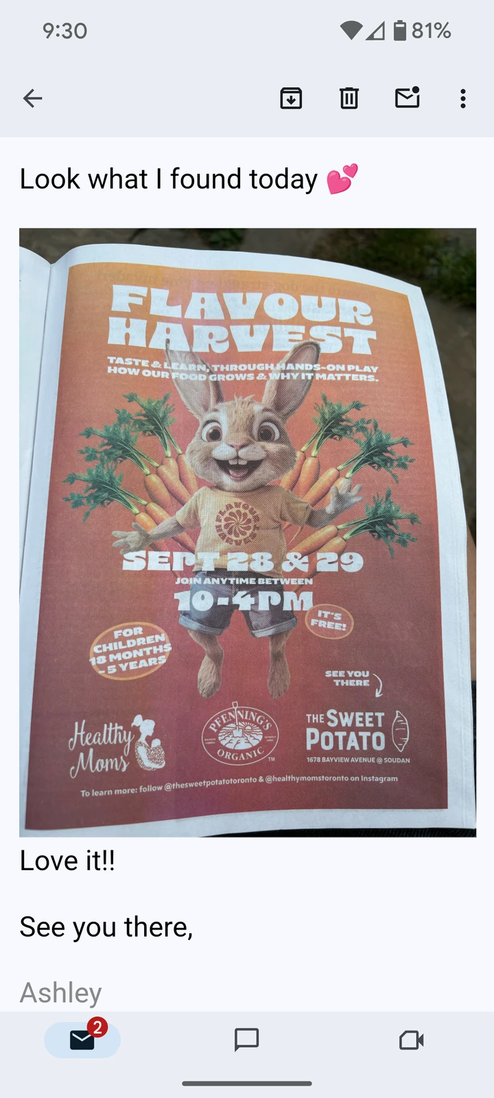 Phone screenshot of a shared message saying ‘Look what I found today’ above a photograph of Billie’s Flavour Harvest ad in a newspaper, followed by ‘Love it!!’ and ‘See you there’.