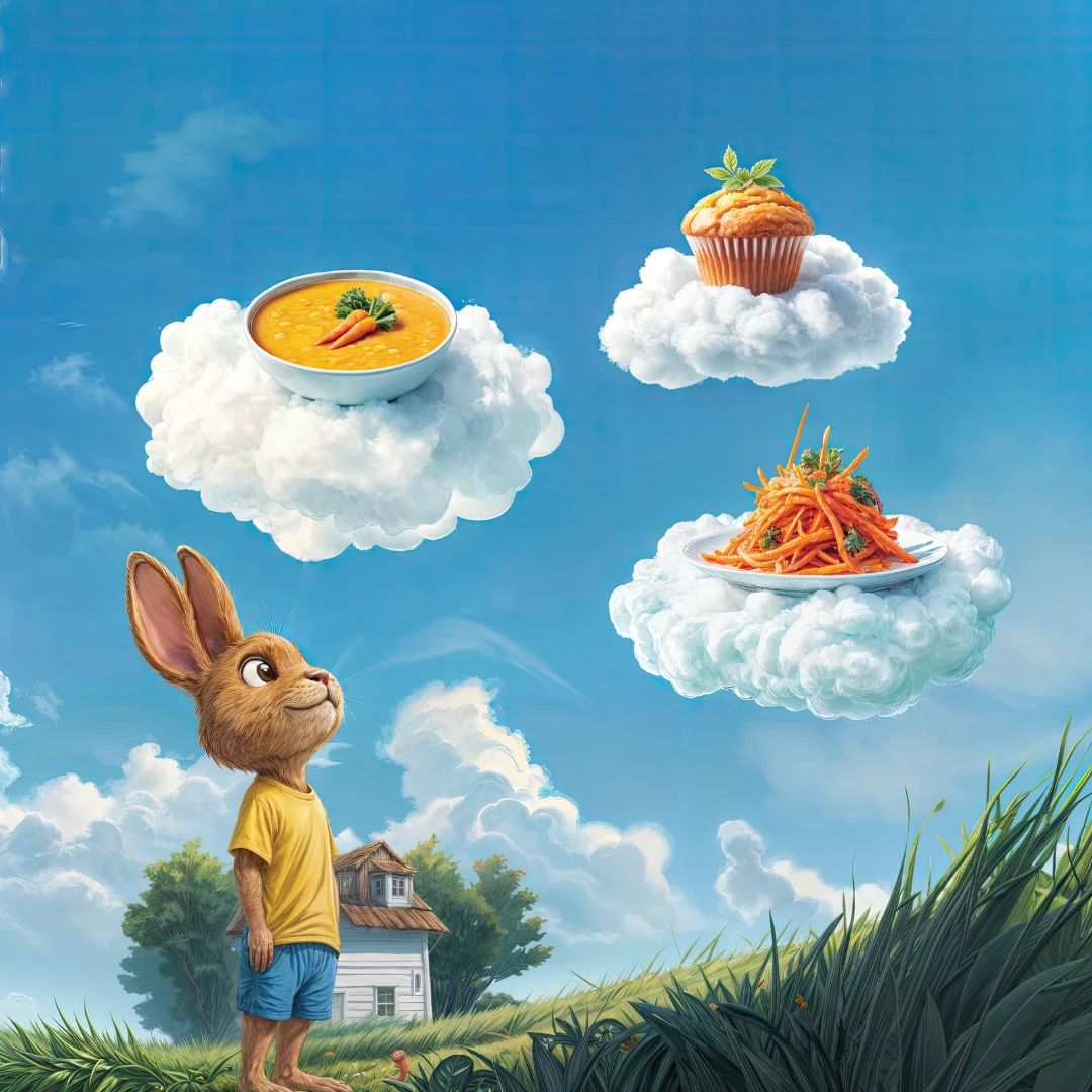Billie imagines carrot soup, a muffin and a carrot salad floating on little clouds above the countryside.