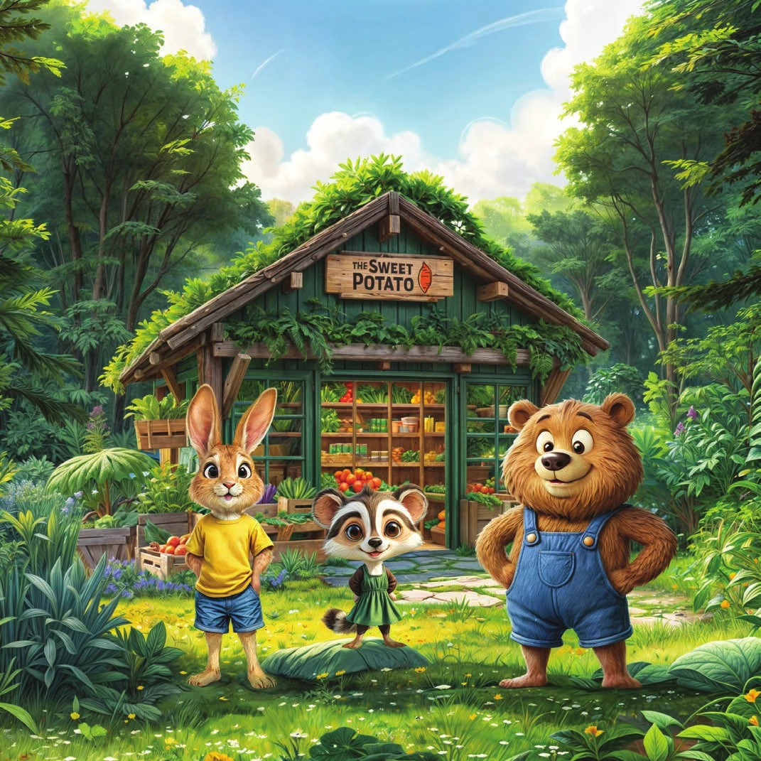 Billie, Babs and Bailey arrive at The Sweet Potato, a woodland grocery store surrounded by trees and flowers.