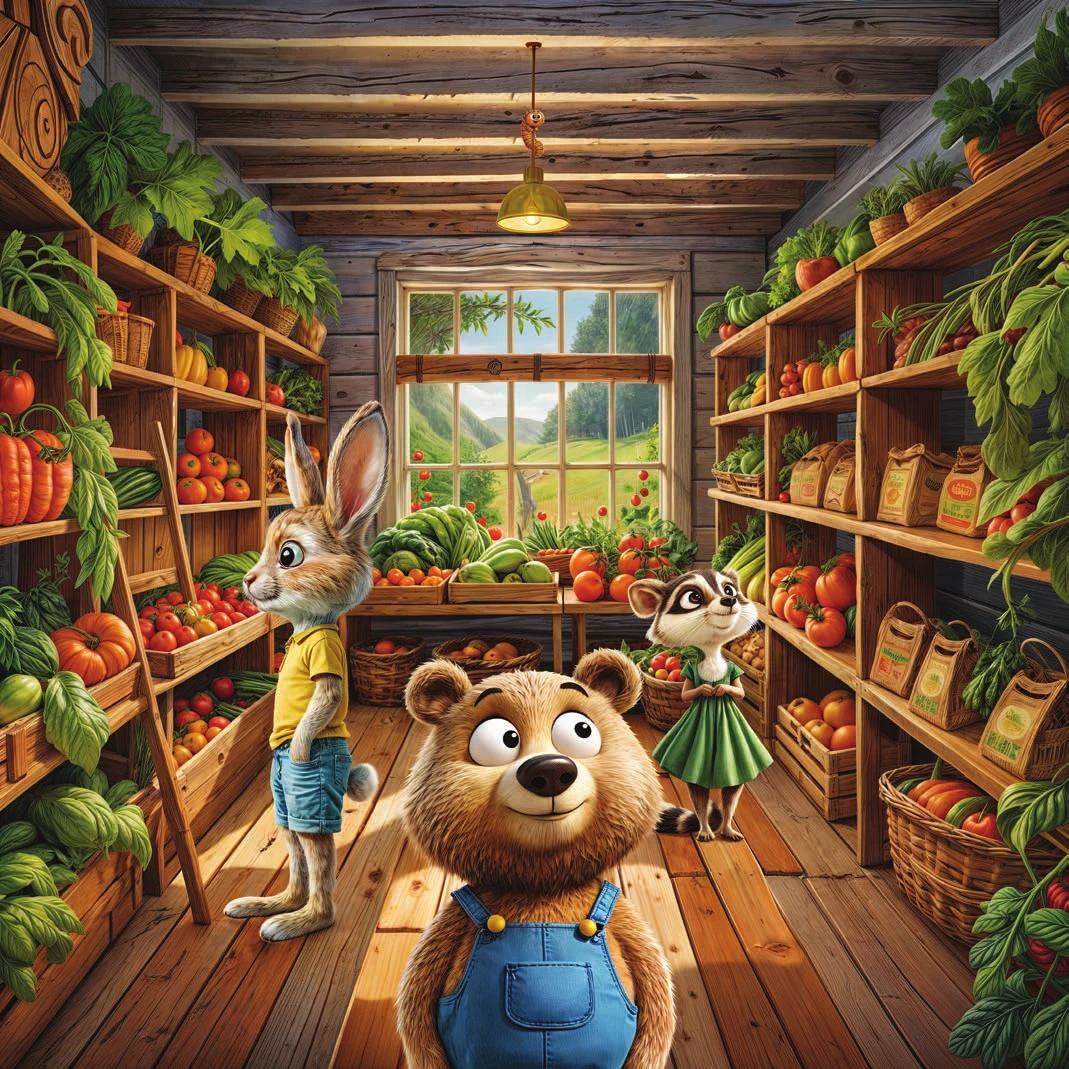 Inside the wooden produce shop, Billie, Babs and Bailey explore baskets of fresh fruit and vegetables.