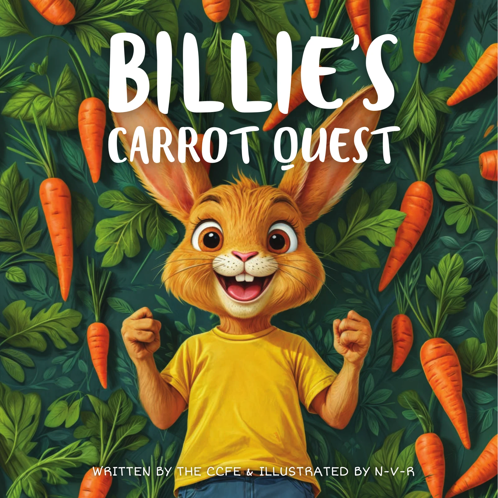 The cover of Billie’s Carrot Quest: a smiling bunny in a yellow T-shirt among green leaves and orange carrots.