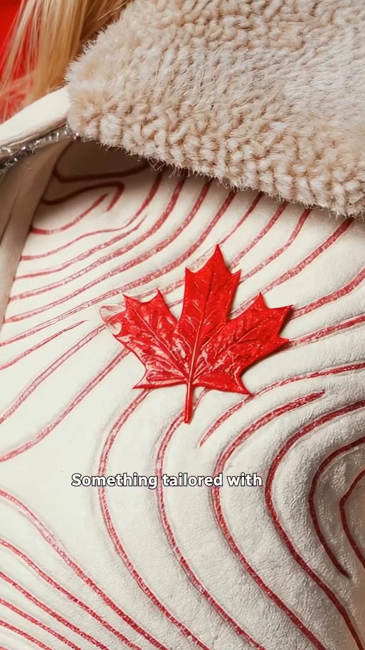 An imagined cream opening-ceremony coat with red maple-leaf detailing from Jennifer Heil’s episode.