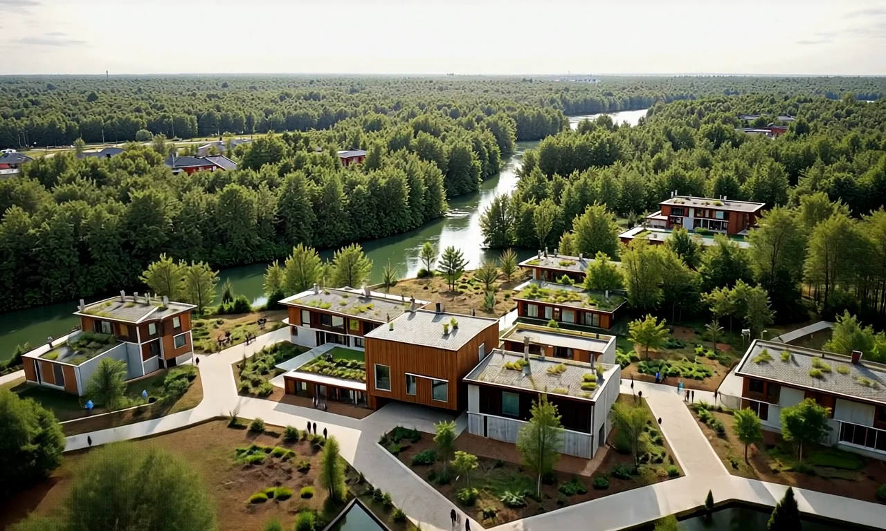 An imagined neighbourhood of timber buildings, planted roofs and shared gardens beside a river, viewed from above