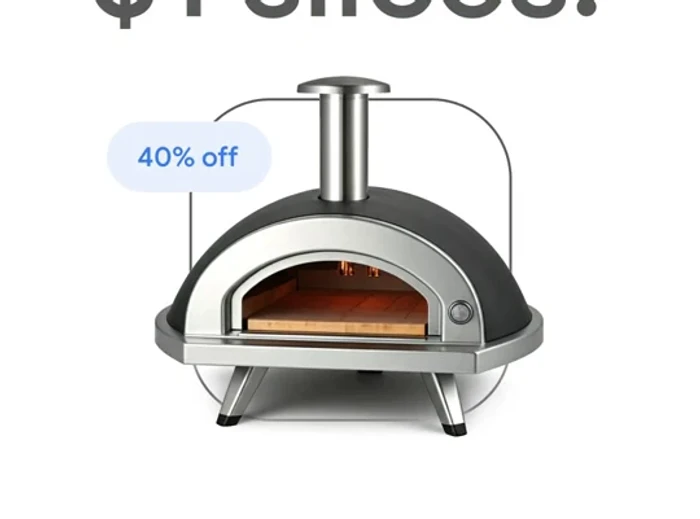 Generated pizza oven with a clear silhouette and reflective metal finish, cropped from a supplied ad