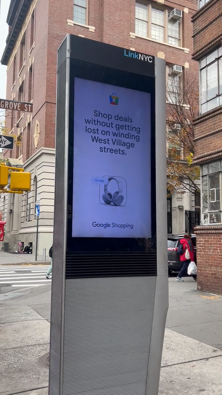 A real Google Shopping ad on a LinkNYC kiosk at Grove Street in the West Village