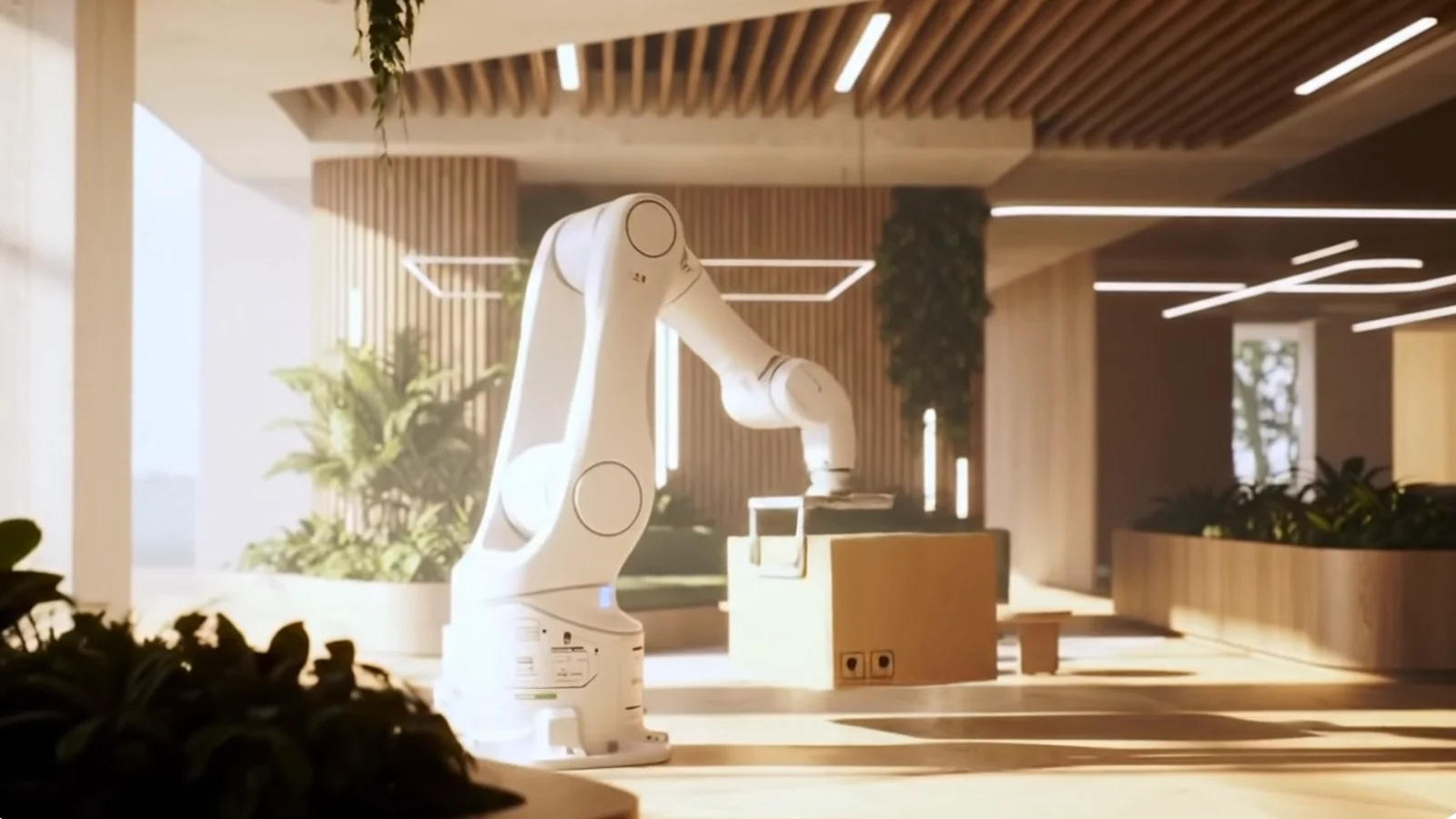A white robotic arm handling a box in a timber-lined, sunlit workspace