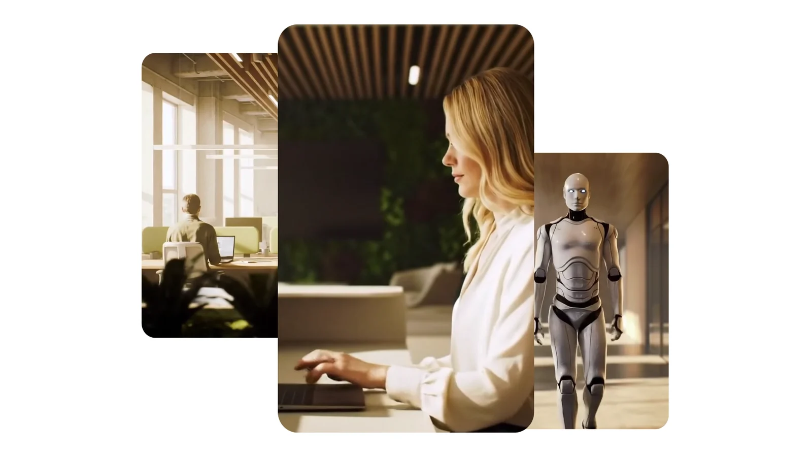 Three overlapping frames from the film: a person at a desk, a woman working, and a humanoid robot