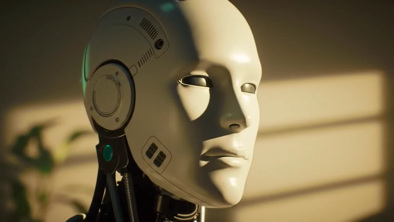 A softly lit white humanoid robot in a warm, sunlit room