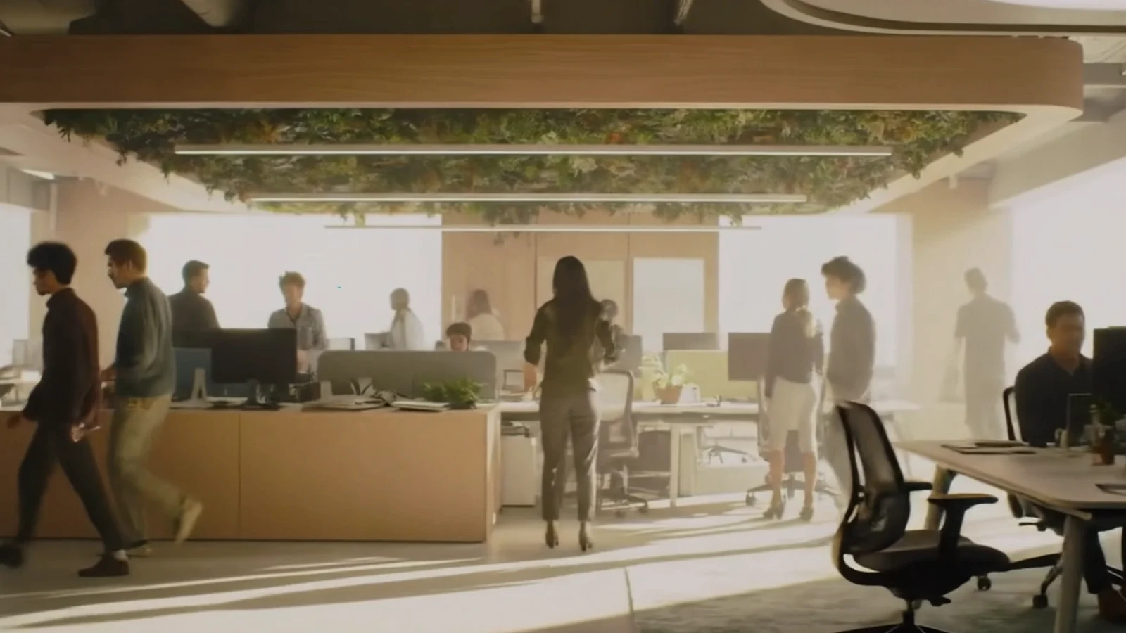 People moving through an open office with planted islands, curved furniture, and warm sunlight