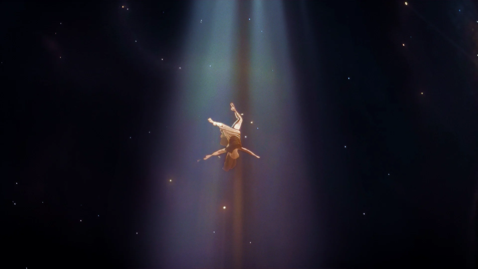A woman suspended in a shaft of light against a vast, star-filled sky, from the trailer