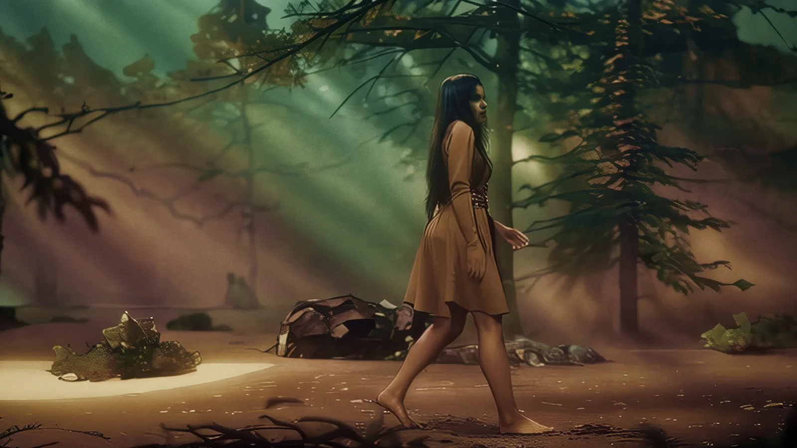 The woman walks through a forest beneath low branches and warm shafts of light