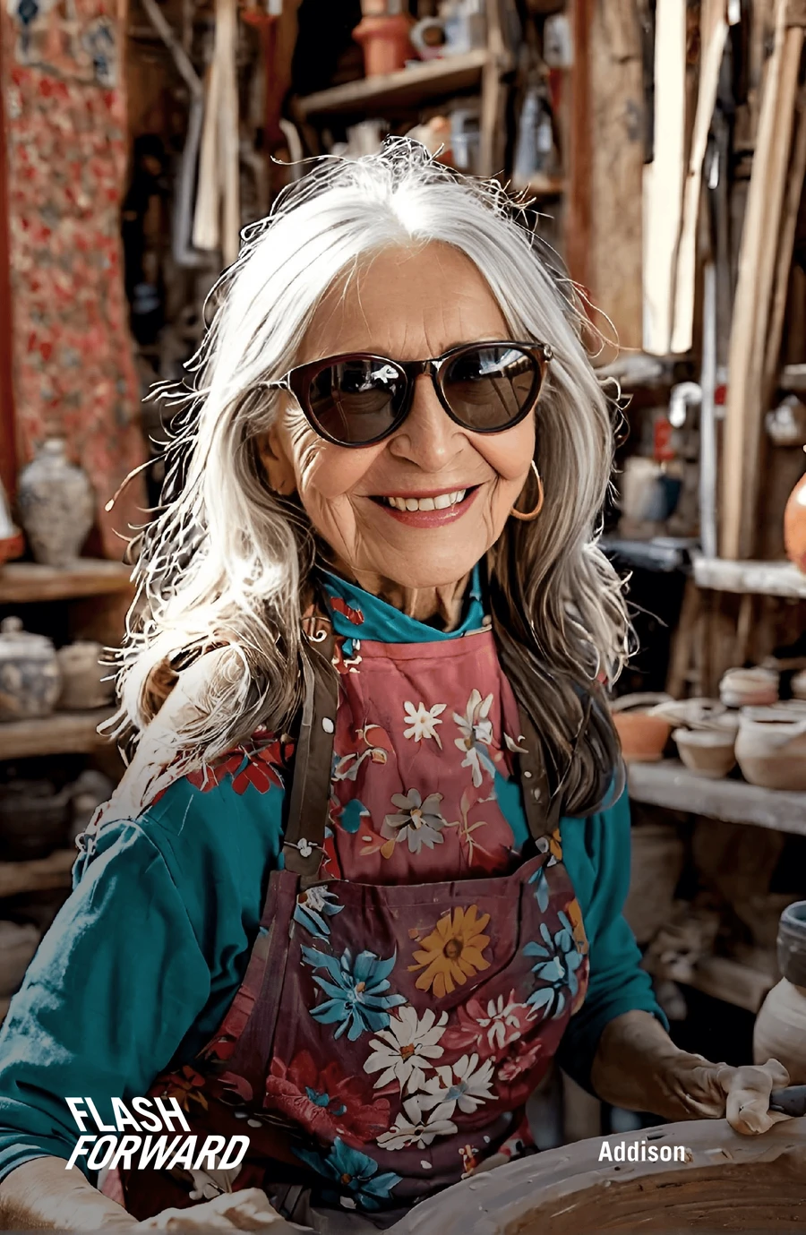 Addison’s generated retirement portrait: silver hair, sunglasses and a colourful pottery studio.