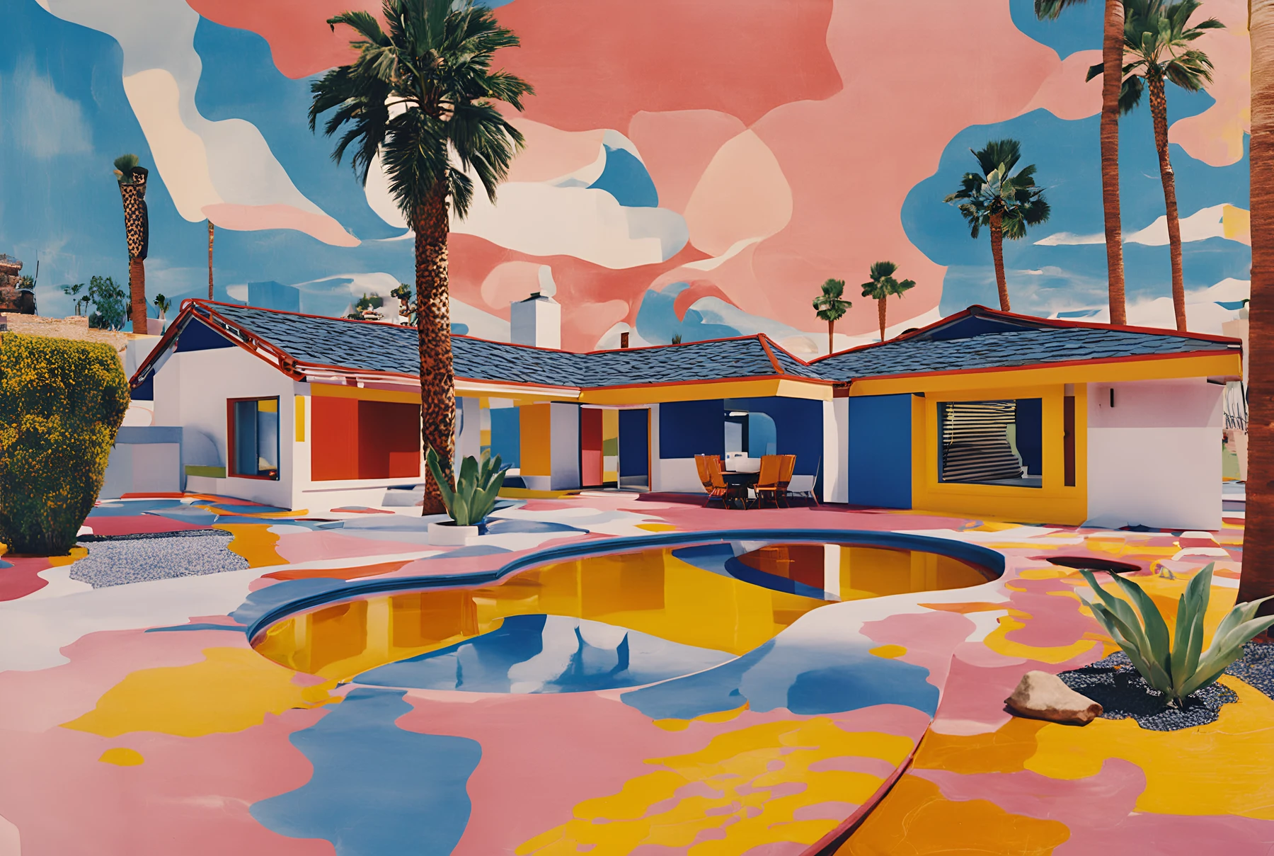 The same poolside house in broad graphic shapes, with navy shadows, coral clouds and saturated colour.