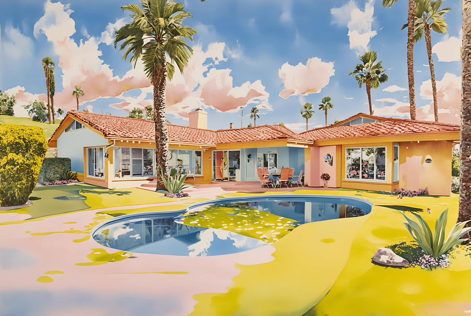 Bright yellows, soft clouds and a painted finish give the poolside house a retro illustrated treatment.
