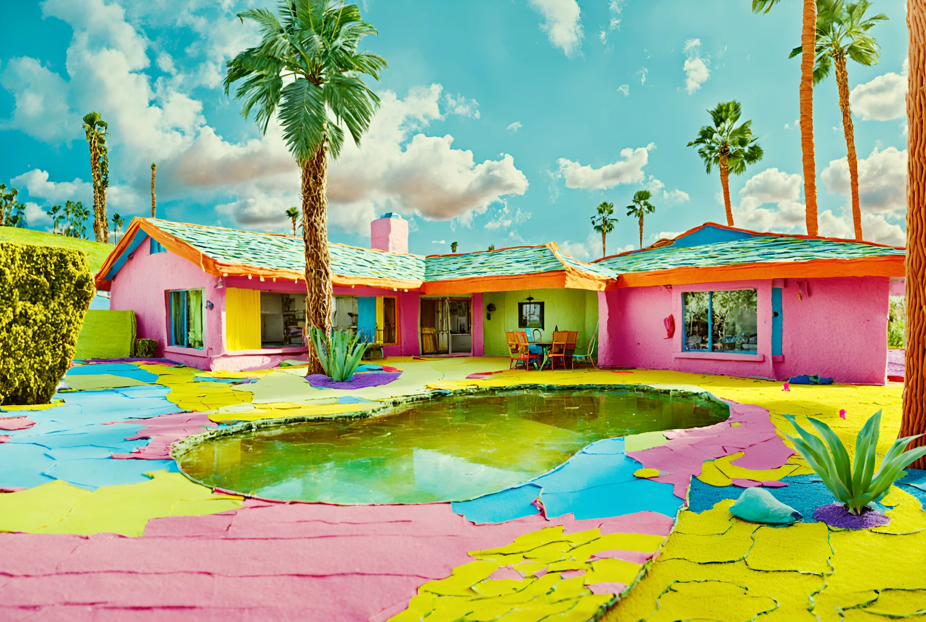 The same poolside house reinterpreted with felt-like texture, bright pink walls and a turquoise sky.