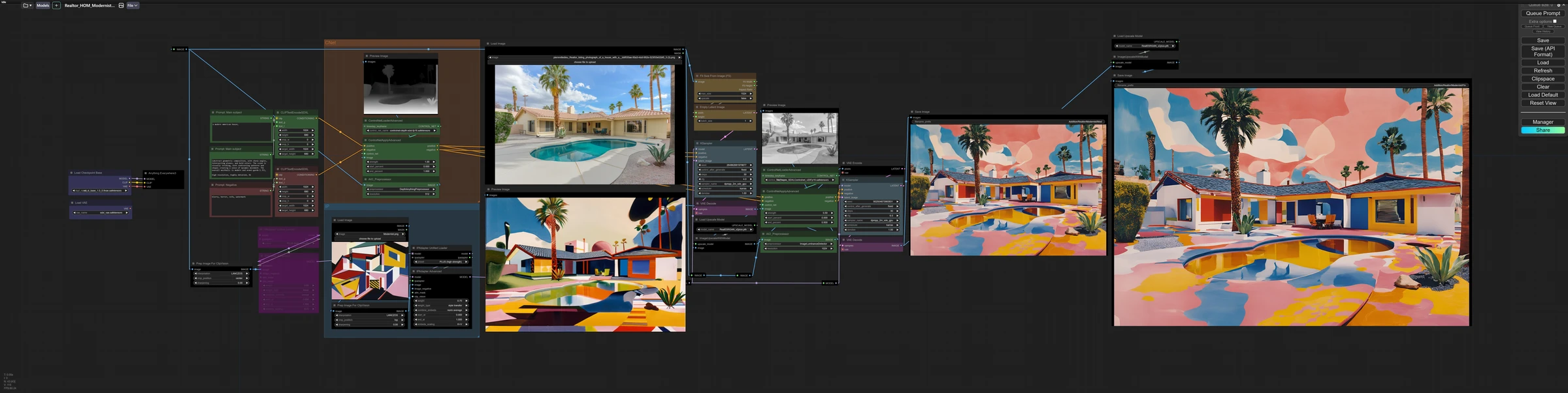 The supplied node-based image workflow, with source and style-reference images connected to generated previews and a larger finished output.