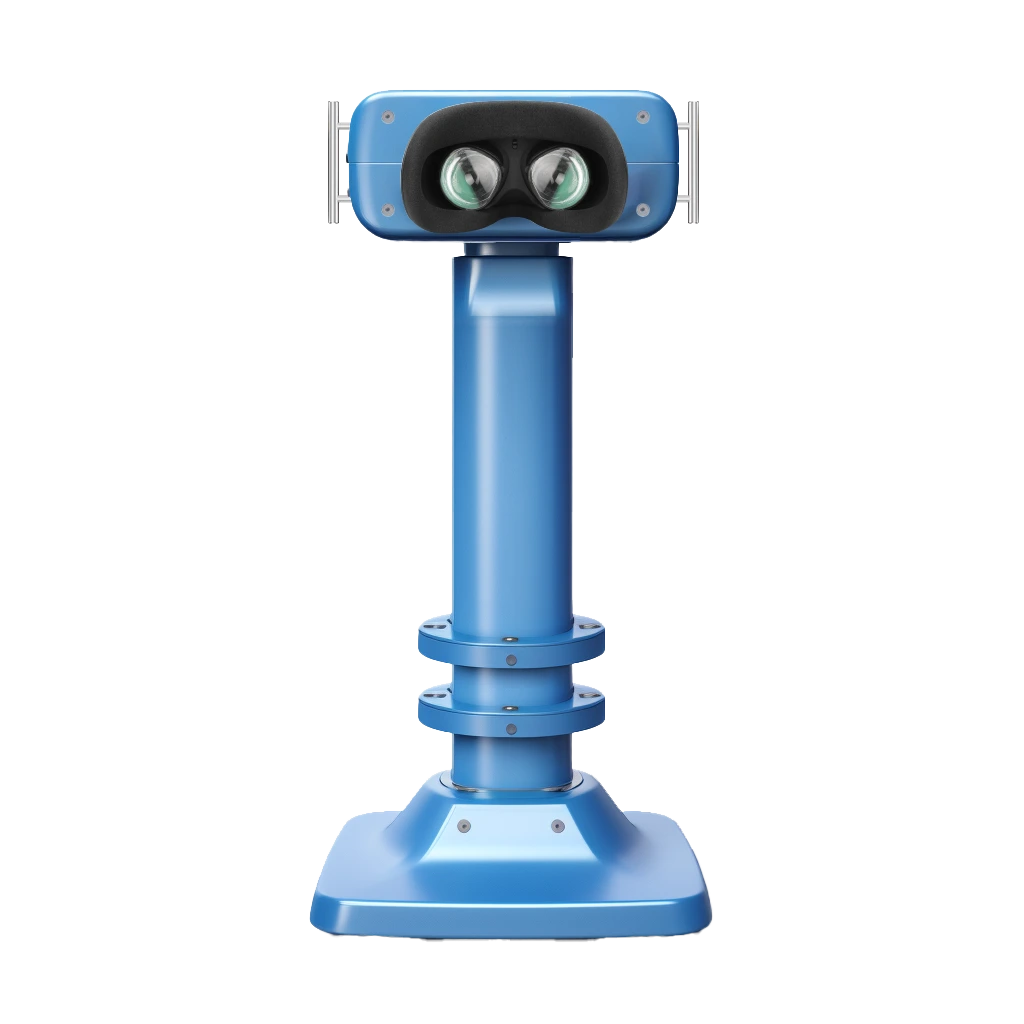 Concept rendering of a blue pedestal viewer with a VR headset face cushion, two lenses, side handles and step-up rings.