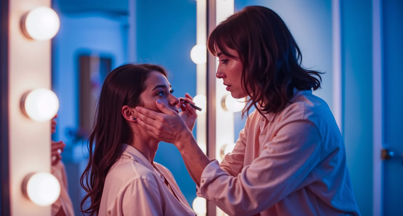A make-up artist applies eye make-up to a seated woman at a mirror framed by warm bulbs