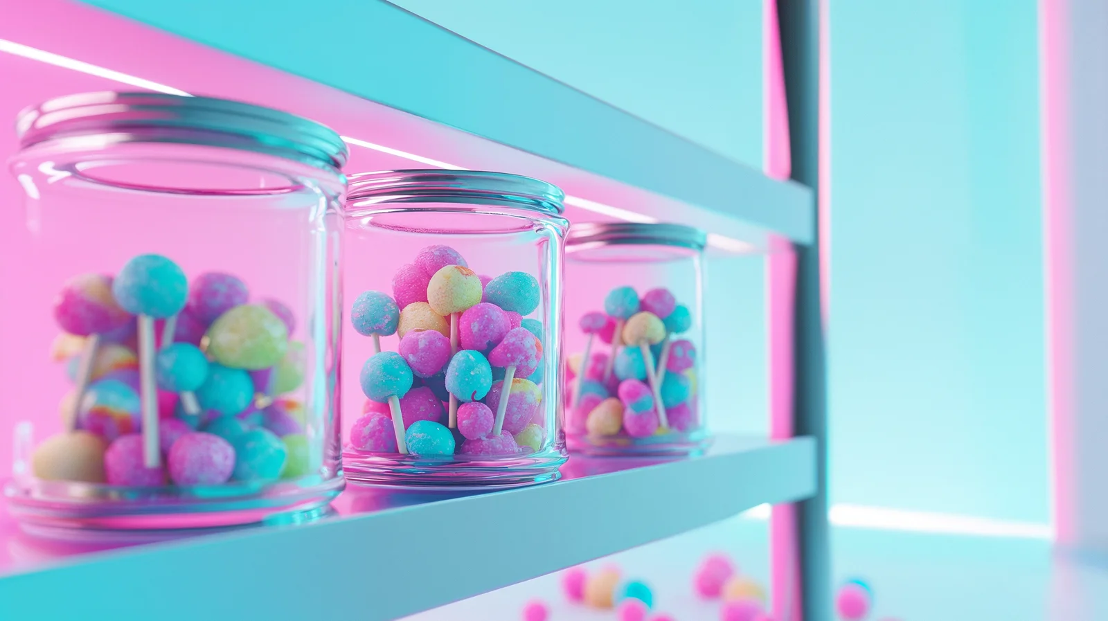 Glass jars of colourful sweets on illuminated shelves against pink and turquoise walls