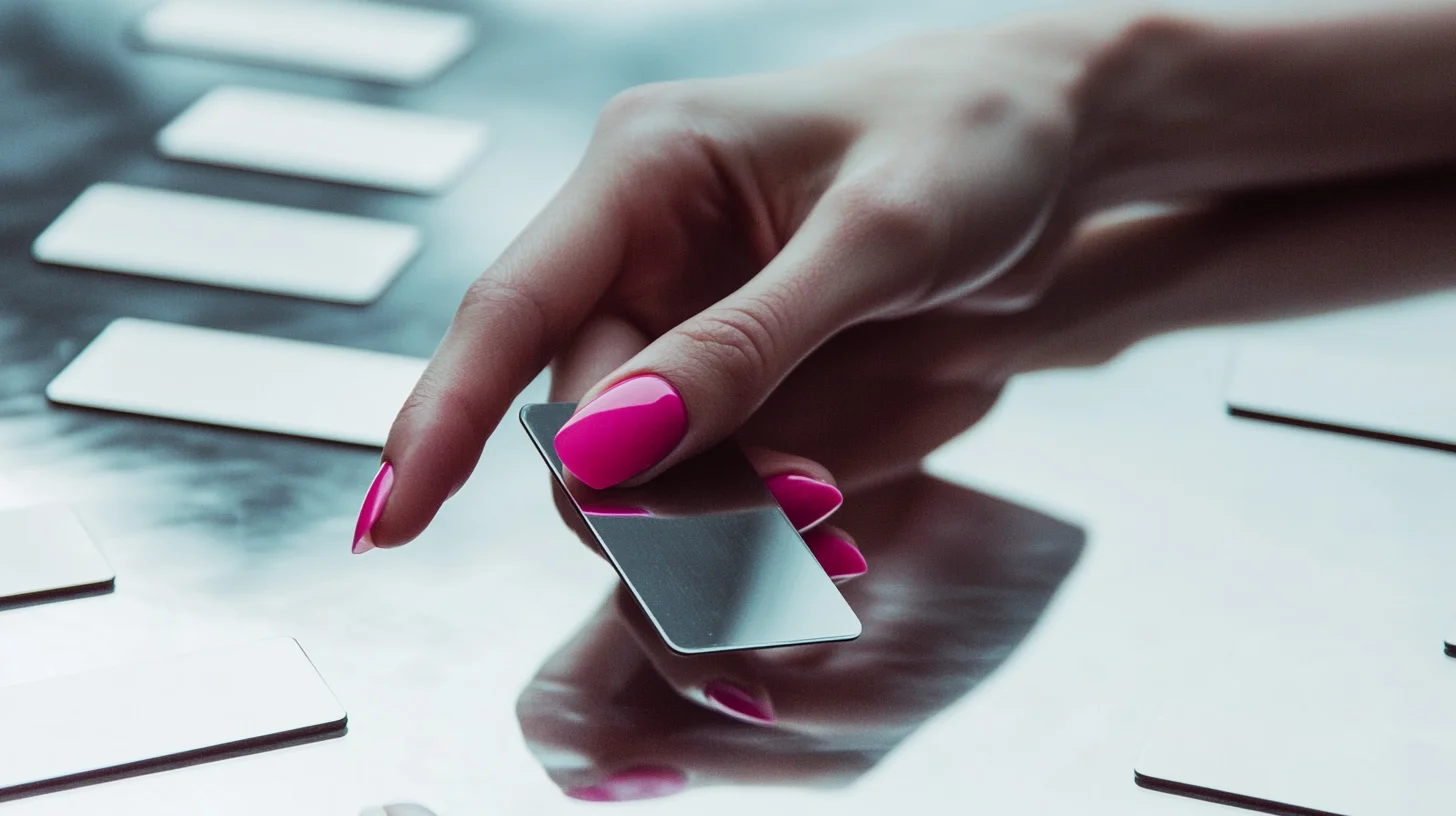 A hand with bright pink nails holds a small rectangular metal card above a reflective work surface