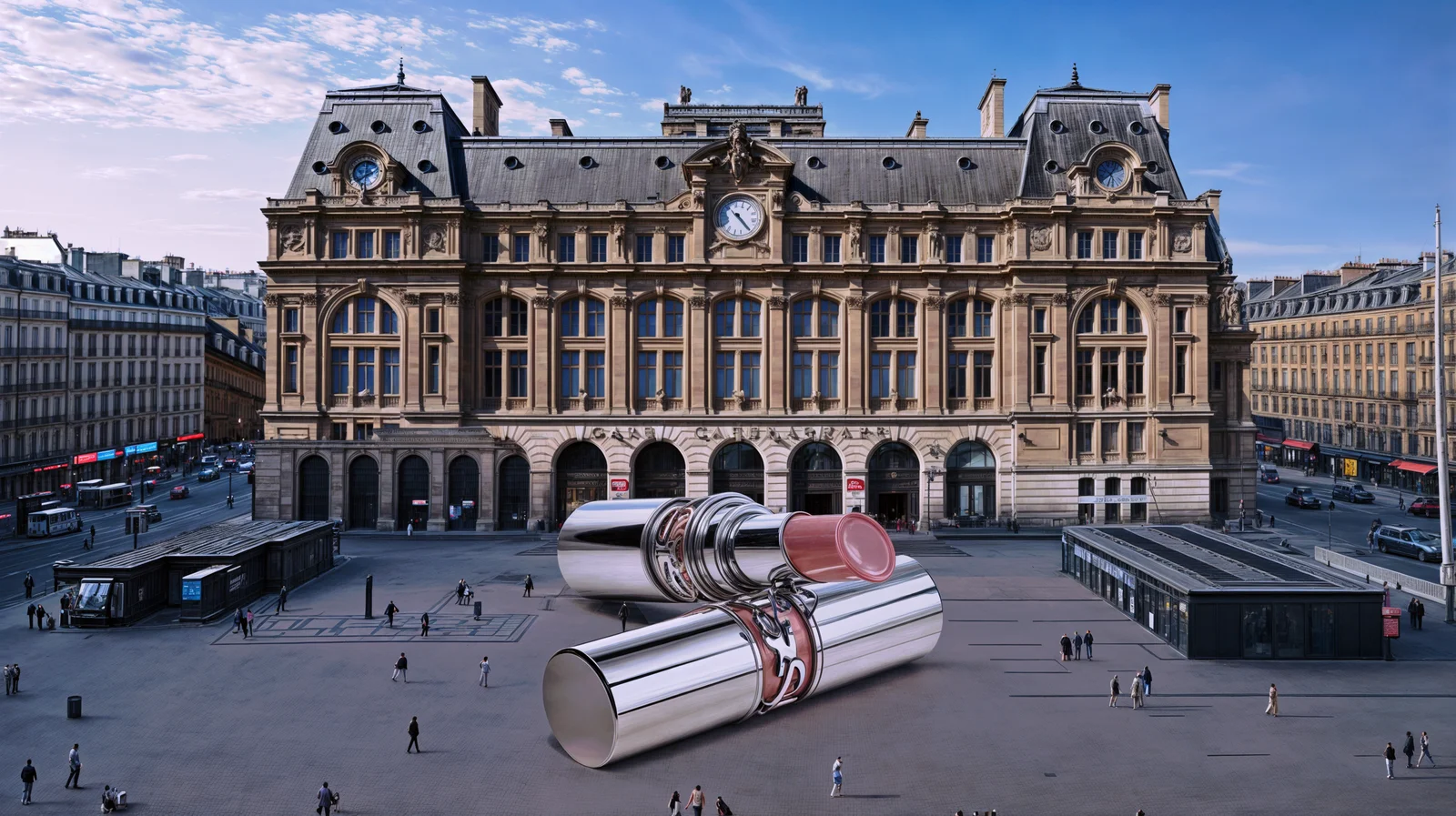 An early mockup places oversized open YSL lip products in the square outside Gare Saint-Lazare