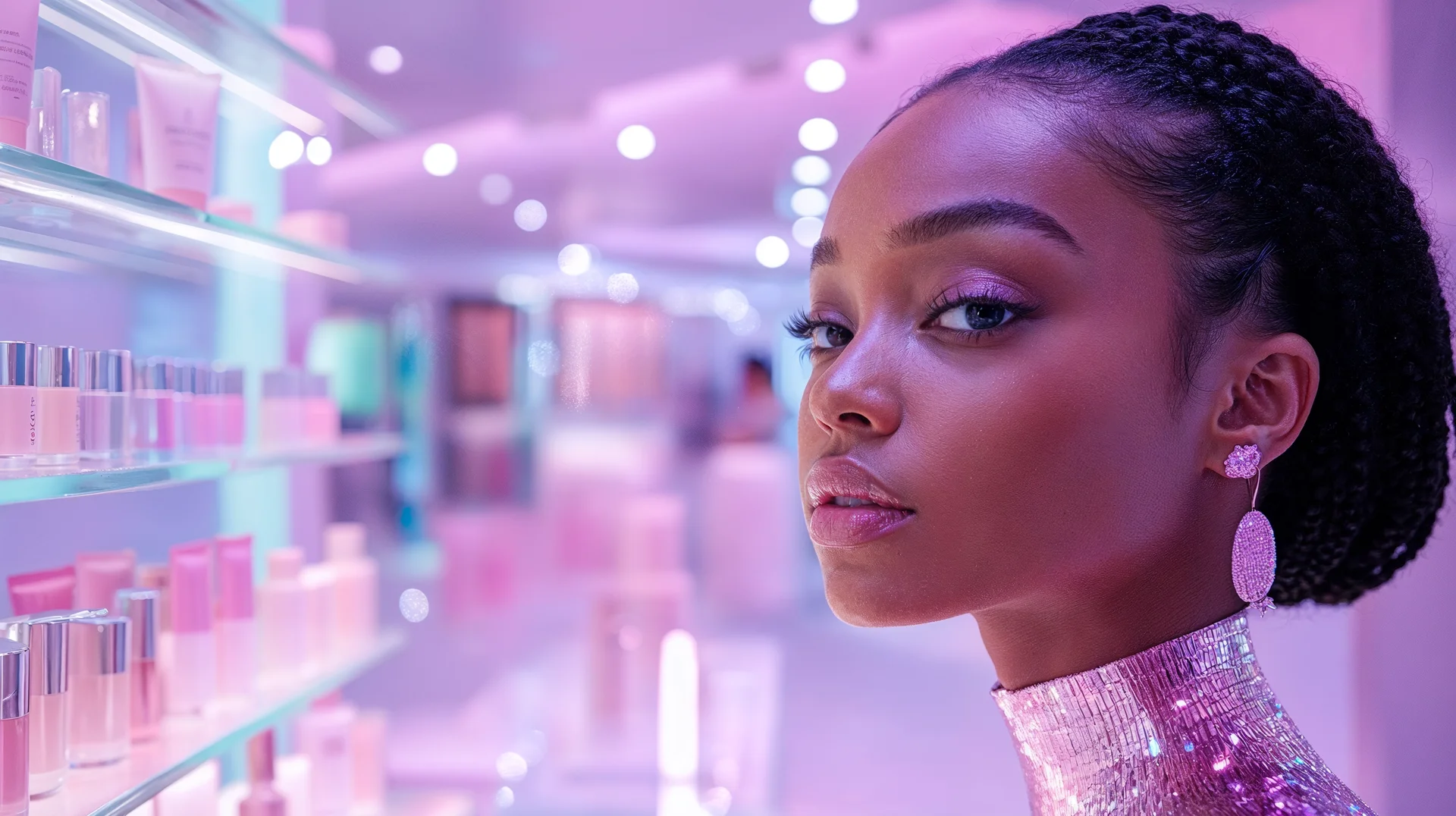 A generated beauty portrait in a luminous pink and silver interior, developed for the Loveshine pop-up concept