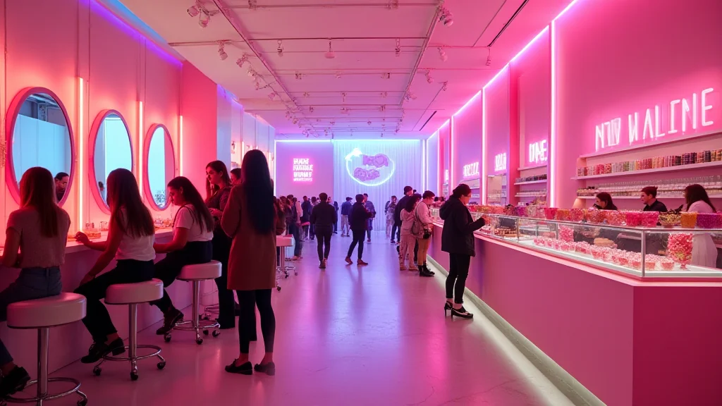 A concept visualization of visitors in a long pink-lit interior, with mirrors along one wall and beauty counters along the other