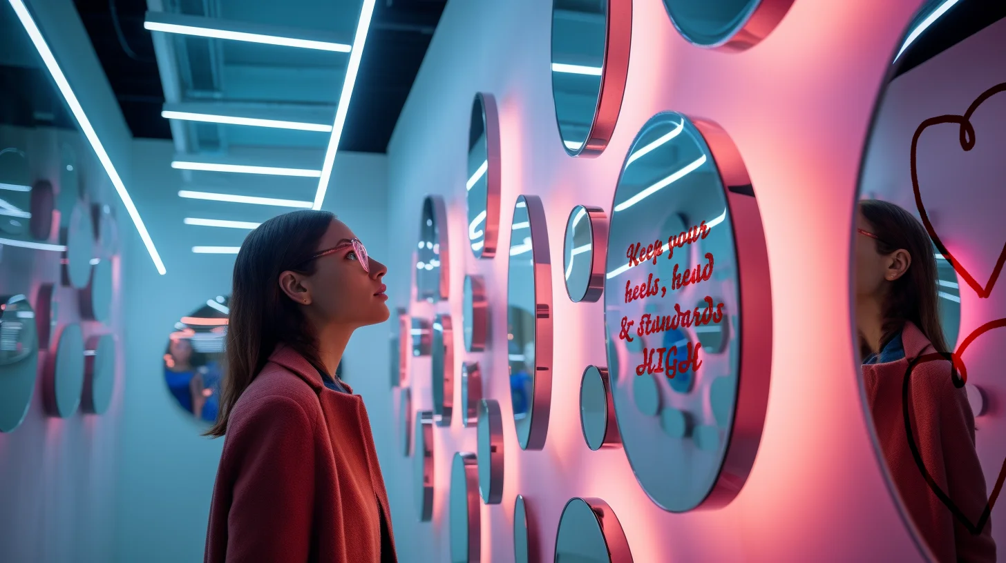 A woman faces a row of irregular mirrors on a pink wall, with red lettering on one mirror