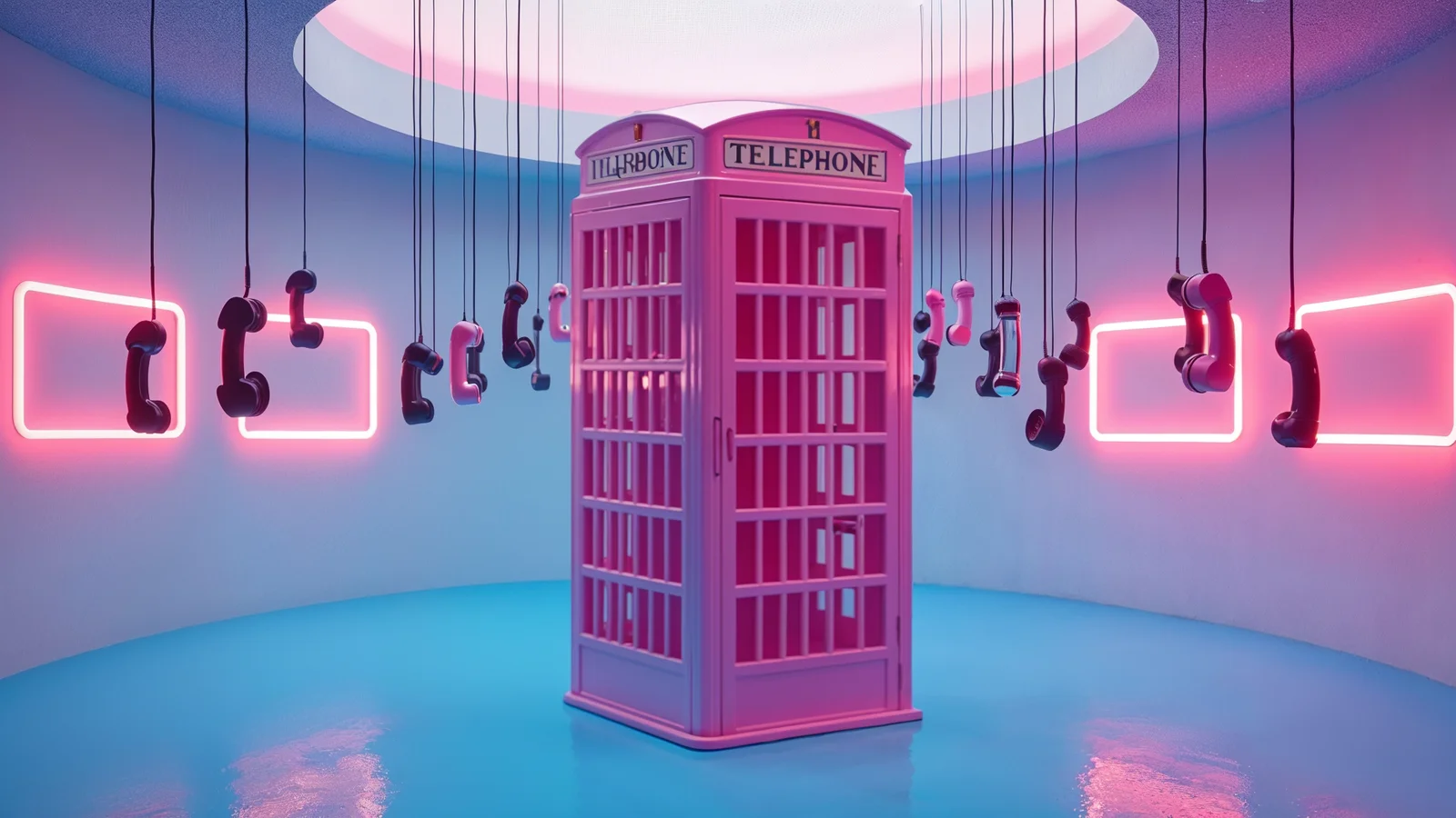 A pink British-style phone booth surrounded by black receivers hanging from the ceiling in a blue and pink room
