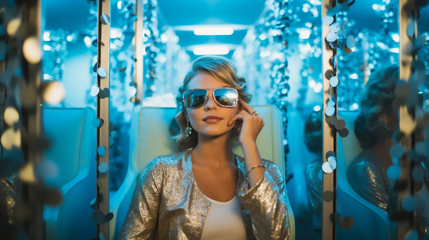 A woman in sunglasses and a metallic jacket sits among blue-lit mirrored surfaces and points of light