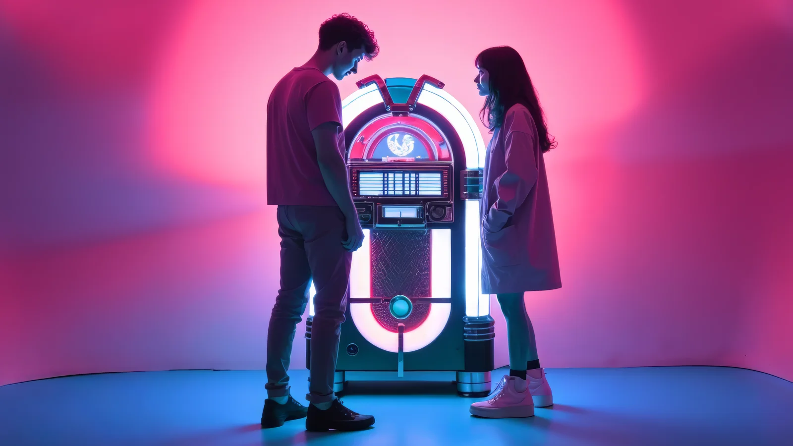 Two people stand on either side of an illuminated retro jukebox in a pink and blue space