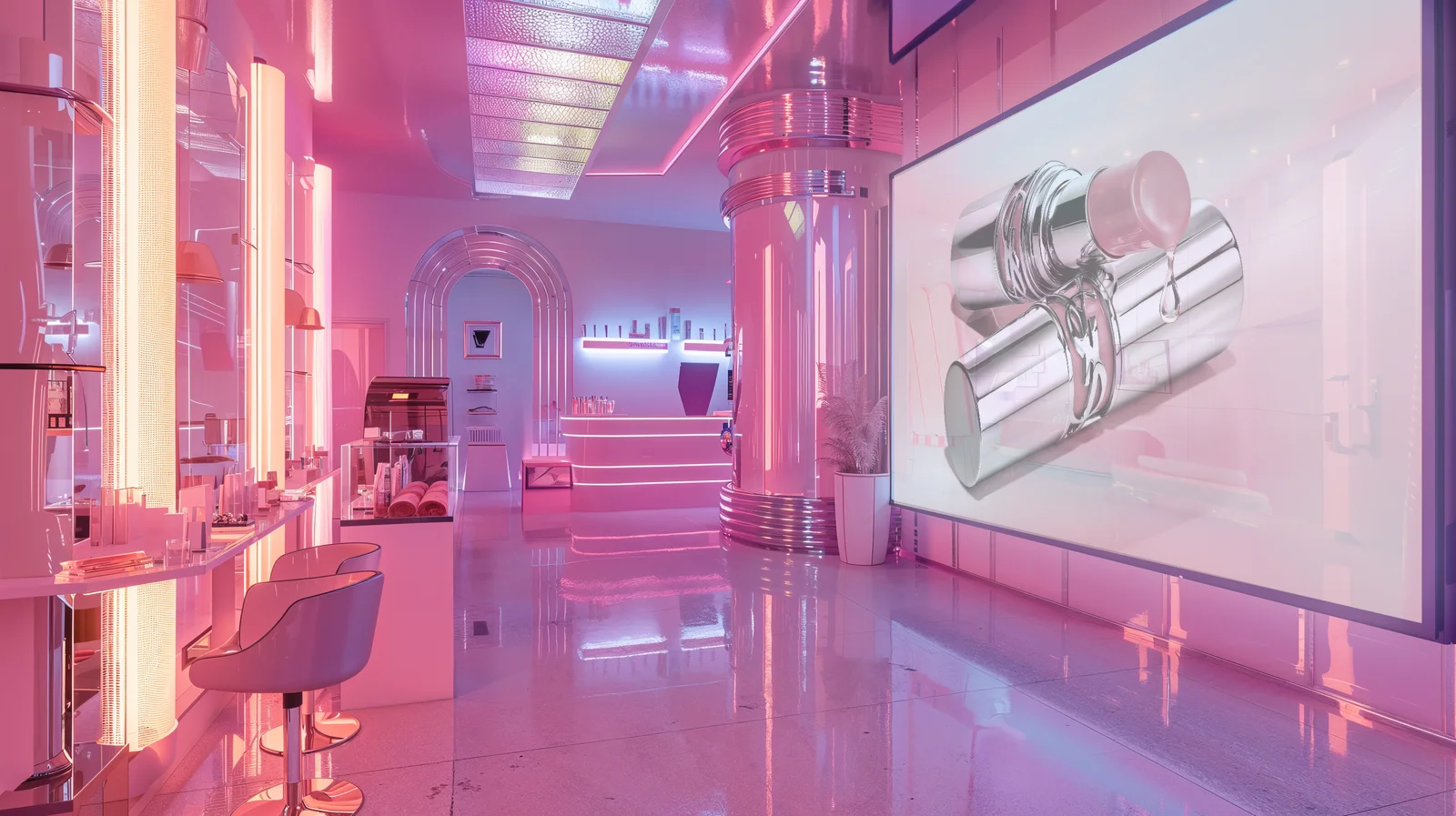 A proposed pink beauty interior with reflective flooring and a large screen displaying a silver YSL product